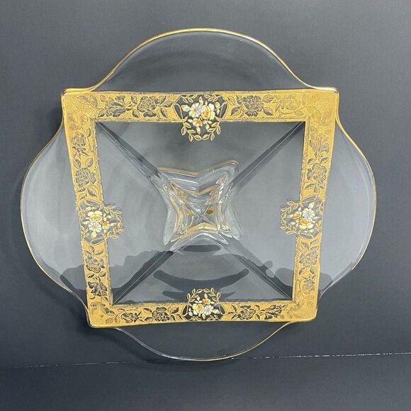 Ovington’s Alhambra Glass Cake Pedestal Platter Gold Floral Inlay Elegant Shape - Picture 4 of 14